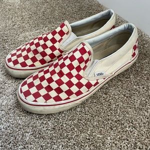 Red checkered slip on vans